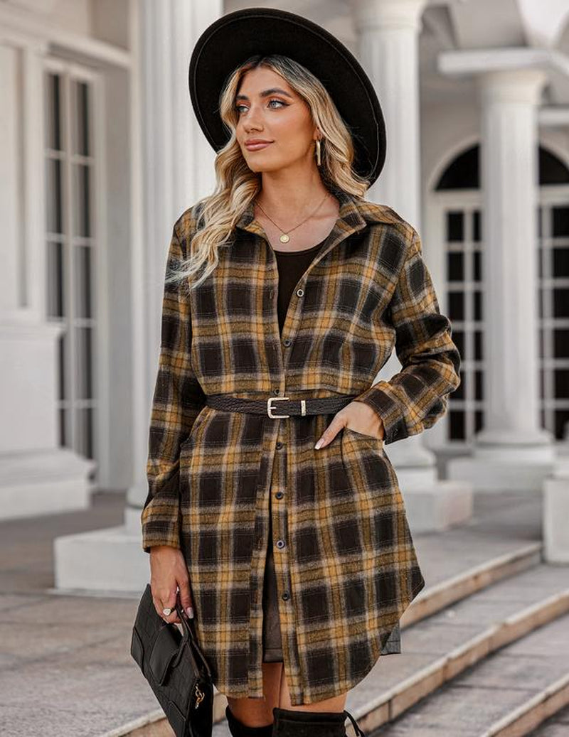 HOTOUCH Women'S Flannel Plaid Shirts Roll up Long Sleeve Mid-Long Casual Boyfriend Shirts with Pockets