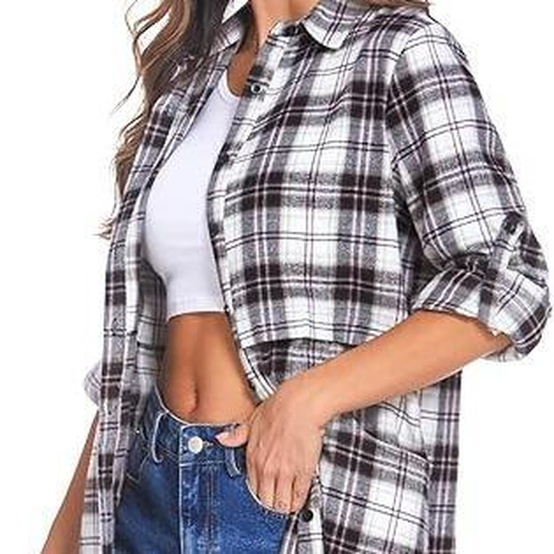 HOTOUCH Women'S Flannel Plaid Shirts Roll up Long Sleeve Mid-Long Casual Boyfriend Shirts with Pockets