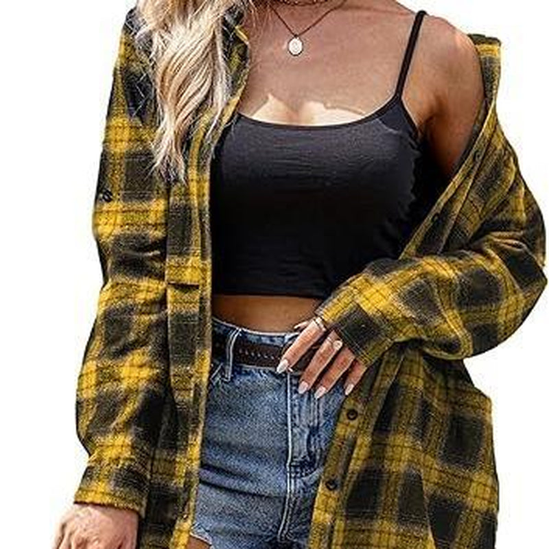 HOTOUCH Women'S Flannel Plaid Shirts Roll up Long Sleeve Mid-Long Casual Boyfriend Shirts with Pockets