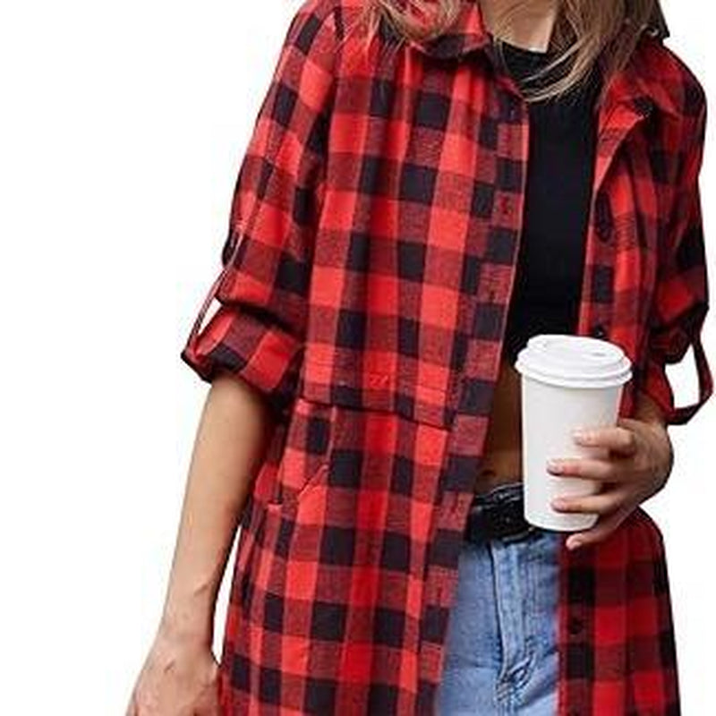 HOTOUCH Women'S Flannel Plaid Shirts Roll up Long Sleeve Mid-Long Casual Boyfriend Shirts with Pockets