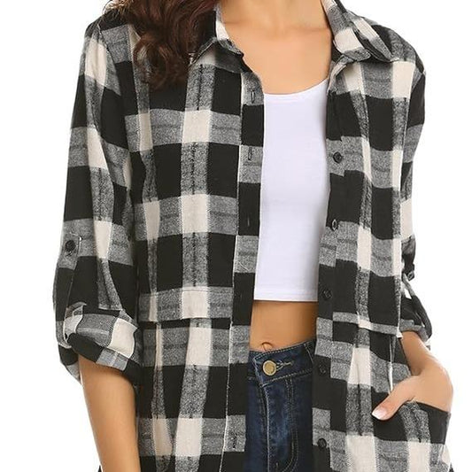 HOTOUCH Women'S Flannel Plaid Shirts Roll up Long Sleeve Mid-Long Casual Boyfriend Shirts with Pockets