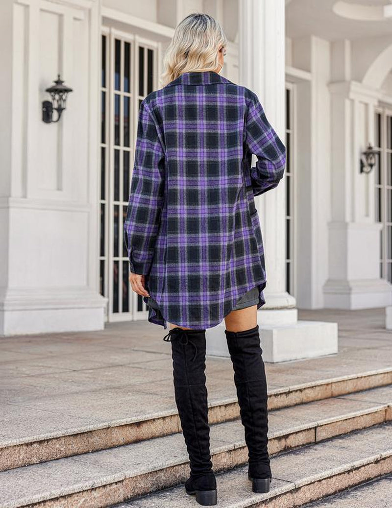 HOTOUCH Women'S Flannel Plaid Shirts Roll up Long Sleeve Mid-Long Casual Boyfriend Shirts with Pockets