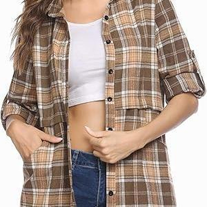 HOTOUCH Women'S Flannel Plaid Shirts Roll up Long Sleeve Mid-Long Casual Boyfriend Shirts with Pockets