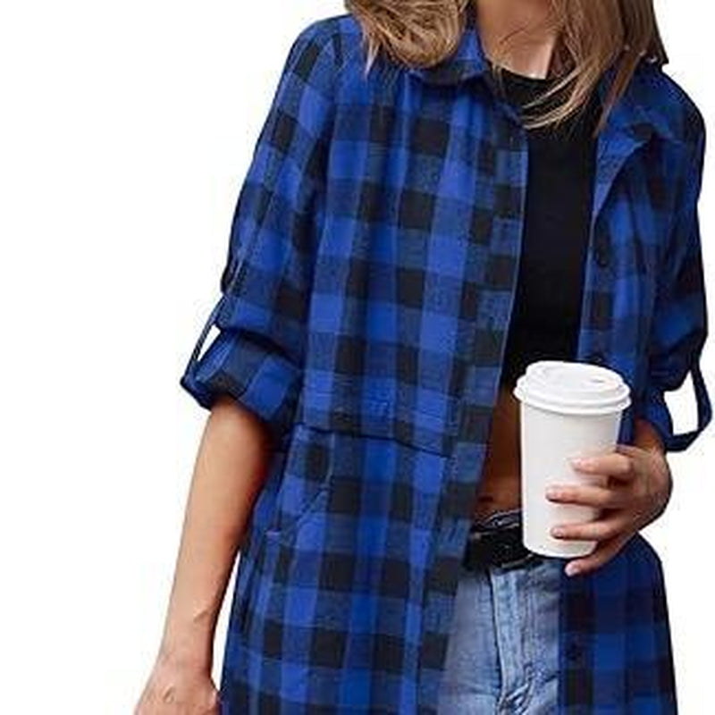 HOTOUCH Women'S Flannel Plaid Shirts Roll up Long Sleeve Mid-Long Casual Boyfriend Shirts with Pockets