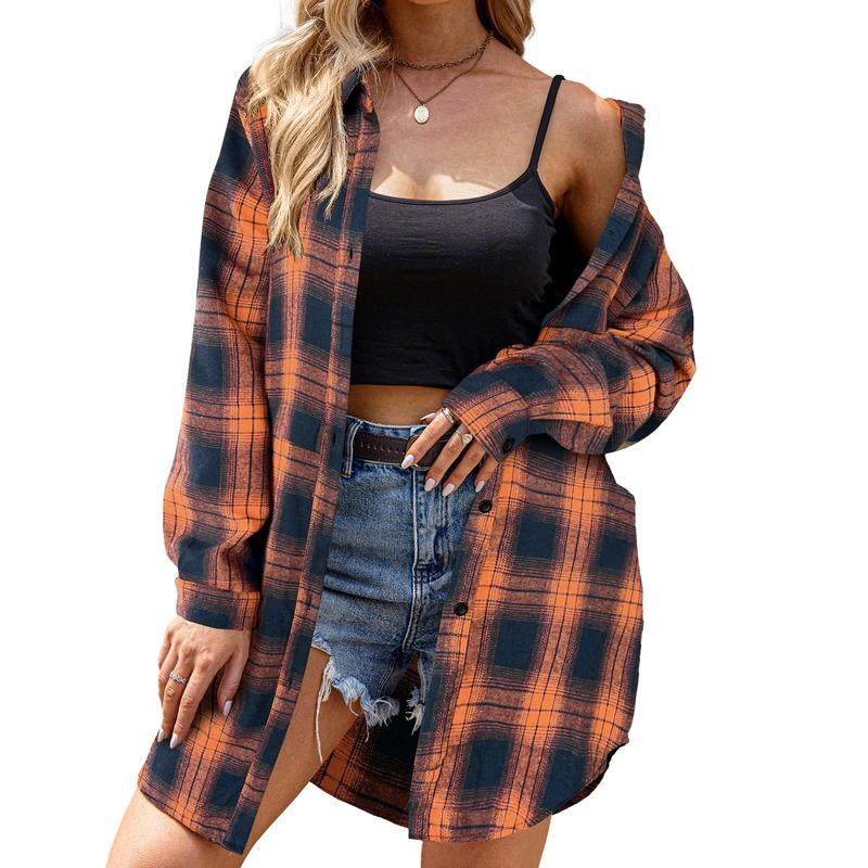 HOTOUCH Women'S Flannel Plaid Shirts Roll up Long Sleeve Mid-Long Casual Boyfriend Shirts with Pockets
