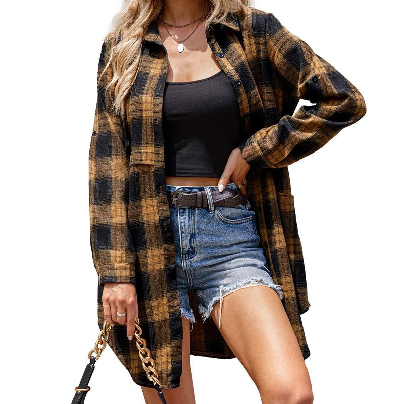 HOTOUCH Women'S Flannel Plaid Shirts Roll up Long Sleeve Mid-Long Casual Boyfriend Shirts with Pockets