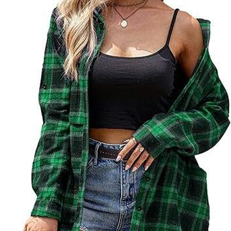 HOTOUCH Women'S Flannel Plaid Shirts Roll up Long Sleeve Mid-Long Casual Boyfriend Shirts with Pockets