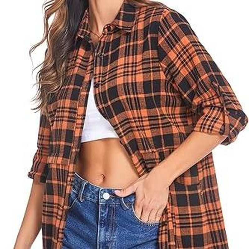 HOTOUCH Women'S Flannel Plaid Shirts Roll up Long Sleeve Mid-Long Casual Boyfriend Shirts with Pockets