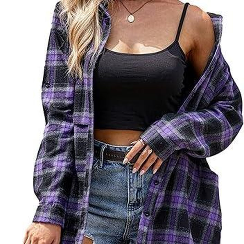 HOTOUCH Women'S Flannel Plaid Shirts Roll up Long Sleeve Mid-Long Casual Boyfriend Shirts with Pockets