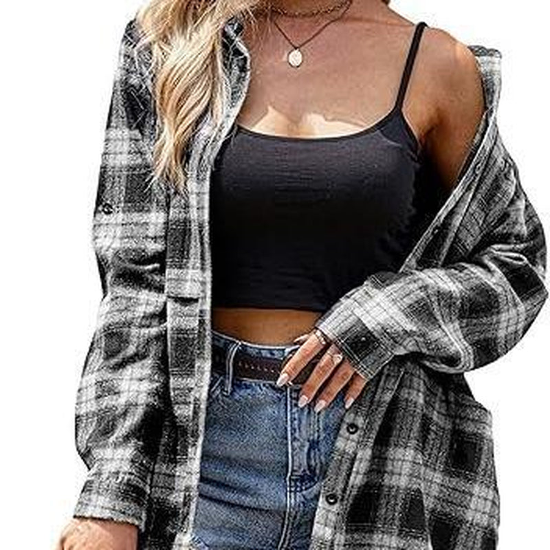 HOTOUCH Women'S Flannel Plaid Shirts Roll up Long Sleeve Mid-Long Casual Boyfriend Shirts with Pockets