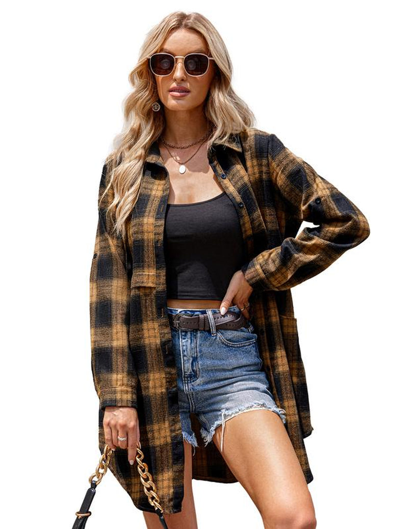 HOTOUCH Women'S Flannel Plaid Shirts Roll up Long Sleeve Mid-Long Casual Boyfriend Shirts with Pockets