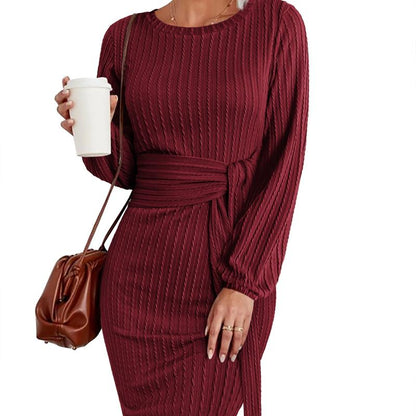 HOTOUCH Women'S Casual Knit Dress Long Lantern Sleeve Fall Bodycon Dress Crewneck Tie Waist Rib Knitted Sweater Dresses Lirika Matoshi