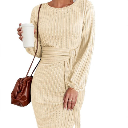 HOTOUCH Women'S Casual Knit Dress Long Lantern Sleeve Fall Bodycon Dress Crewneck Tie Waist Rib Knitted Sweater Dresses Lirika Matoshi