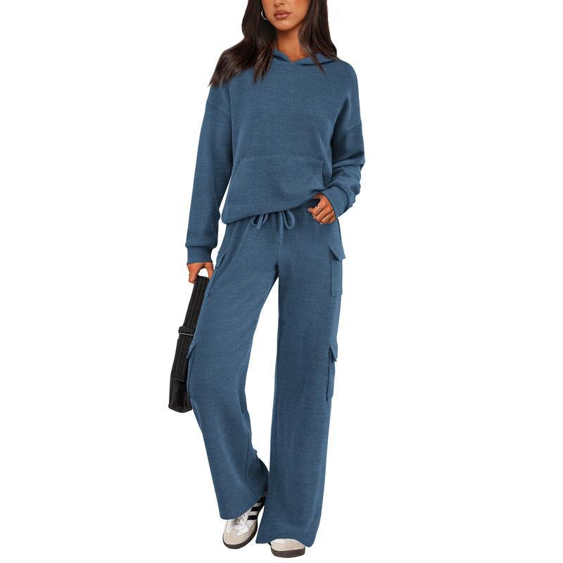 Prettygarden Womens Fall Outfit 2-Piece Knitted Sets Hoodie Tracksuits Wide Leg Pants with Pocket and Drawstring Long Sleeve Hooded Kangoroo Pocket Tops Knitwear Sporty Loungwear, Womenswear Travel Outfit