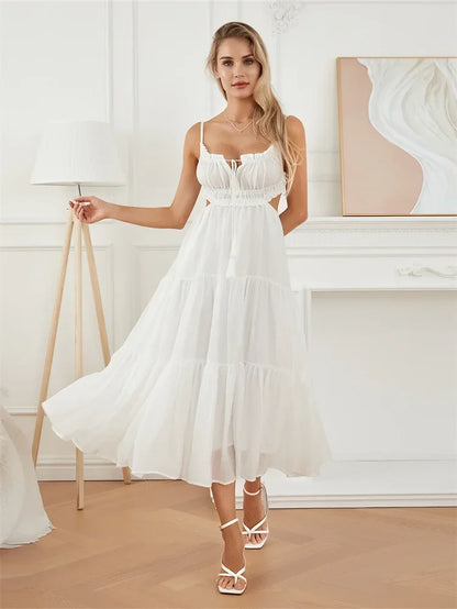 2024 Summer Women Flowy Long Dress Spaghetti Strap Cut Out Backless Ruffle A-Line Dress Bohemian Party Holiday Casual Sundress
