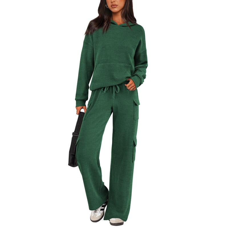 Prettygarden Womens Fall Outfit 2-Piece Knitted Sets Hoodie Tracksuits Wide Leg Pants with Pocket and Drawstring Long Sleeve Hooded Kangoroo Pocket Tops Knitwear Sporty Loungwear, Womenswear Travel Outfit