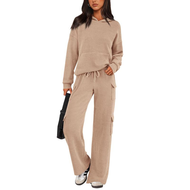 Prettygarden Womens Fall Outfit 2-Piece Knitted Sets Hoodie Tracksuits Wide Leg Pants with Pocket and Drawstring Long Sleeve Hooded Kangoroo Pocket Tops Knitwear Sporty Loungwear, Womenswear Travel Outfit