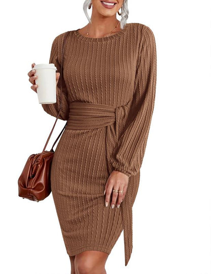 HOTOUCH Women'S Casual Knit Dress Long Lantern Sleeve Fall Bodycon Dress Crewneck Tie Waist Rib Knitted Sweater Dresses Lirika Matoshi