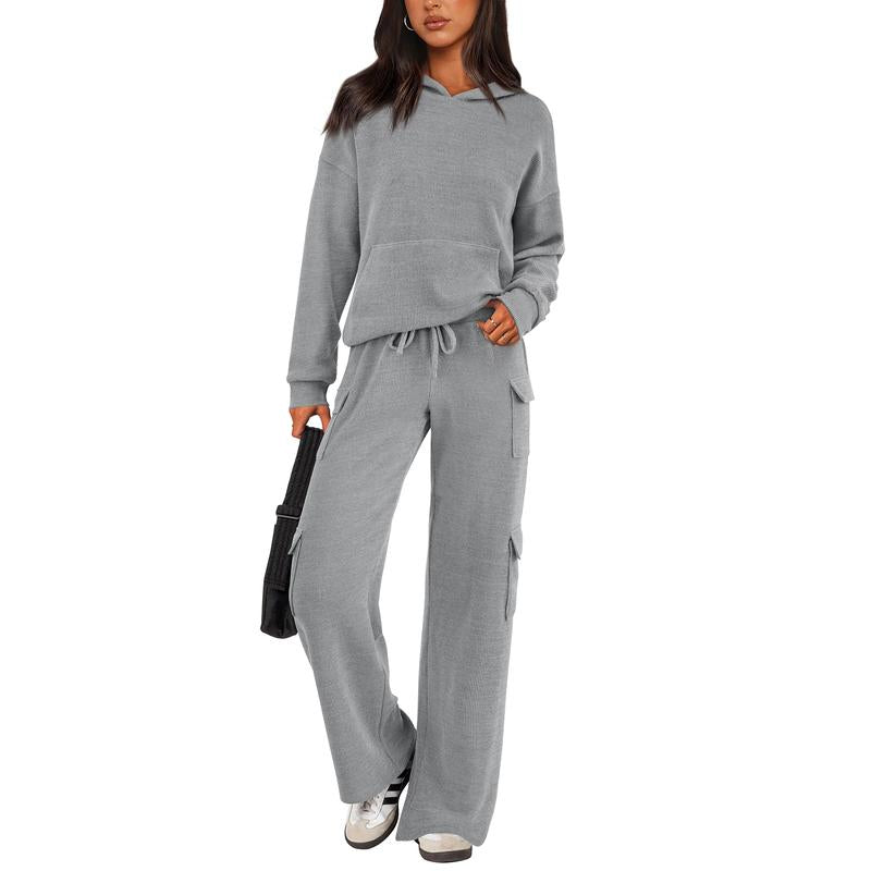 Prettygarden Womens Fall Outfit 2-Piece Knitted Sets Hoodie Tracksuits Wide Leg Pants with Pocket and Drawstring Long Sleeve Hooded Kangoroo Pocket Tops Knitwear Sporty Loungwear, Womenswear Travel Outfit