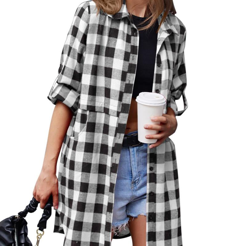 HOTOUCH Women'S Flannel Plaid Shirts Roll up Long Sleeve Mid-Long Casual Boyfriend Shirts with Pockets