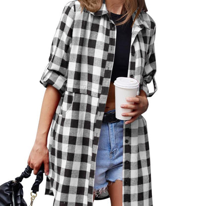 HOTOUCH Women'S Flannel Plaid Shirts Roll up Long Sleeve Mid-Long Casual Boyfriend Shirts with Pockets