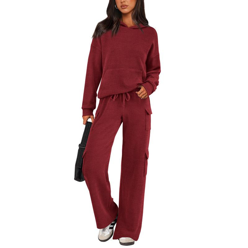Prettygarden Womens Fall Outfit 2-Piece Knitted Sets Hoodie Tracksuits Wide Leg Pants with Pocket and Drawstring Long Sleeve Hooded Kangoroo Pocket Tops Knitwear Sporty Loungwear, Womenswear Travel Outfit