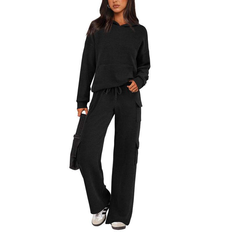 Prettygarden Womens Fall Outfit 2-Piece Knitted Sets Hoodie Tracksuits Wide Leg Pants with Pocket and Drawstring Long Sleeve Hooded Kangoroo Pocket Tops Knitwear Sporty Loungwear, Womenswear Travel Outfit