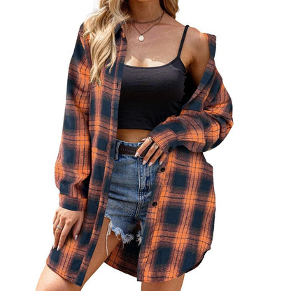 HOTOUCH Women'S Flannel Plaid Shirts Roll up Long Sleeve Mid-Long Casual Boyfriend Shirts with Pockets