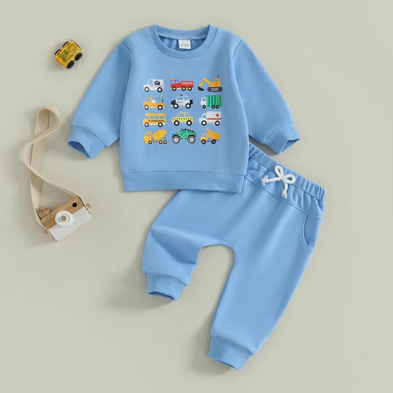 REDWOON Baby Boy Fall Winter Clothes Toddler Kids Solid Outfits Vehicle Long Sleeve Sweatshirt Tops + Joggers Pants Set