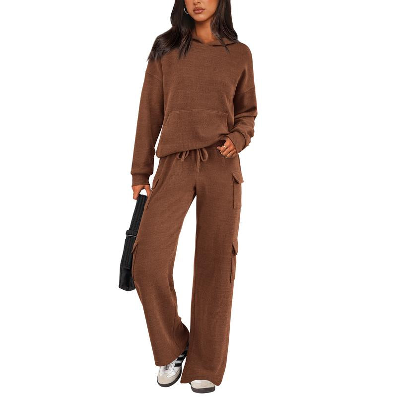 Prettygarden Womens Fall Outfit 2-Piece Knitted Sets Hoodie Tracksuits Wide Leg Pants with Pocket and Drawstring Long Sleeve Hooded Kangoroo Pocket Tops Knitwear Sporty Loungwear, Womenswear Travel Outfit