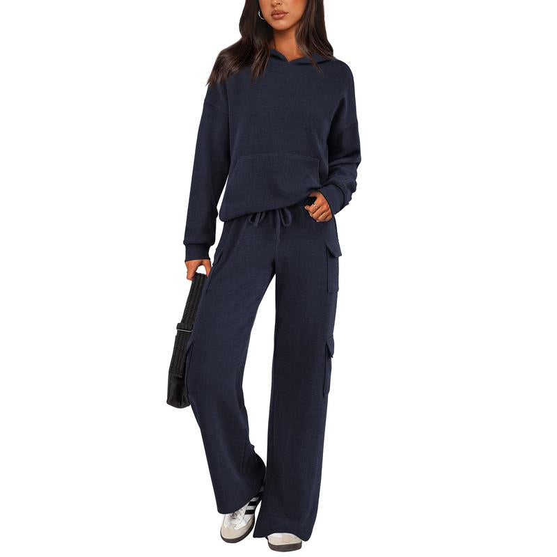 Prettygarden Womens Fall Outfit 2-Piece Knitted Sets Hoodie Tracksuits Wide Leg Pants with Pocket and Drawstring Long Sleeve Hooded Kangoroo Pocket Tops Knitwear Sporty Loungwear, Womenswear Travel Outfit