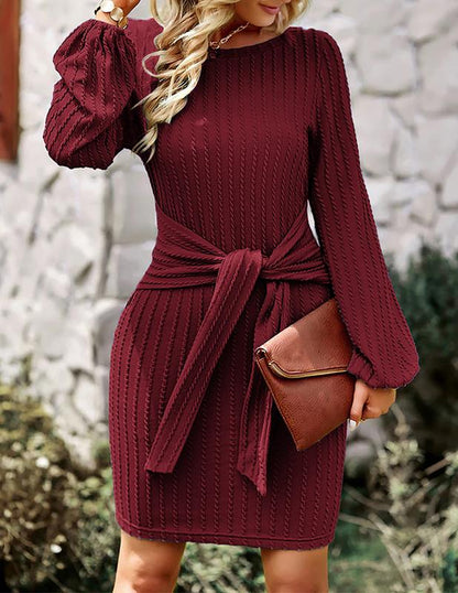 HOTOUCH Women'S Casual Knit Dress Long Lantern Sleeve Fall Bodycon Dress Crewneck Tie Waist Rib Knitted Sweater Dresses Lirika Matoshi