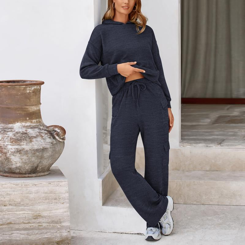 Prettygarden Womens Fall Outfit 2-Piece Knitted Sets Hoodie Tracksuits Wide Leg Pants with Pocket and Drawstring Long Sleeve Hooded Kangoroo Pocket Tops Knitwear Sporty Loungwear, Womenswear Travel Outfit