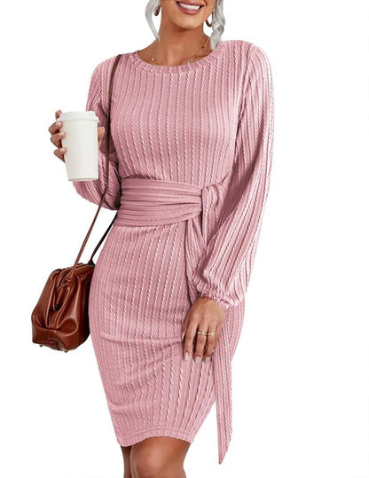 HOTOUCH Women'S Casual Knit Dress Long Lantern Sleeve Fall Bodycon Dress Crewneck Tie Waist Rib Knitted Sweater Dresses Lirika Matoshi